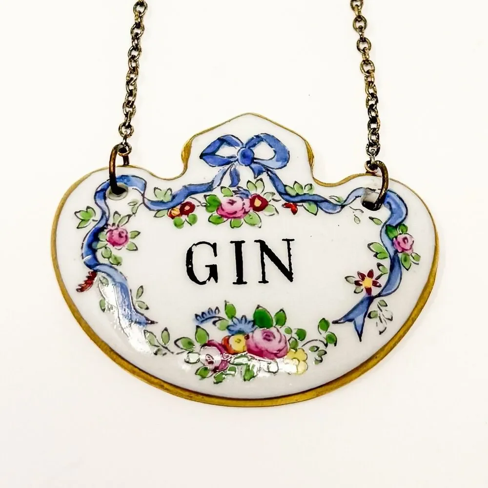 Vintage Crown Staffordshire Gin Decanter Label Fine Bone China w Chain